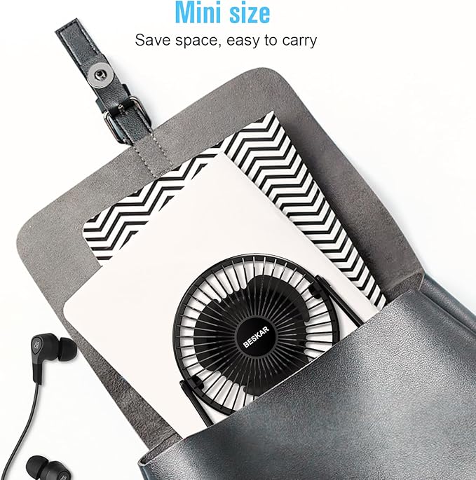 BESKAR USB Small Desk Fan, Portable Fans with 3 Speeds Strong Airflow, Quiet Operation and 360°Rotate, Personal Table Fan for Home,Office, Bedroom - 3.9 ft Cord