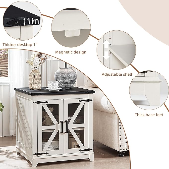 Farmhouse End Table Set 2, Narrow 18'' Night Stand with Glass Barn Door, 24" Square Side Table with Charger Station, Living Room Furniture Sets, Wood Nightstand Bedside Tables for Bedroom