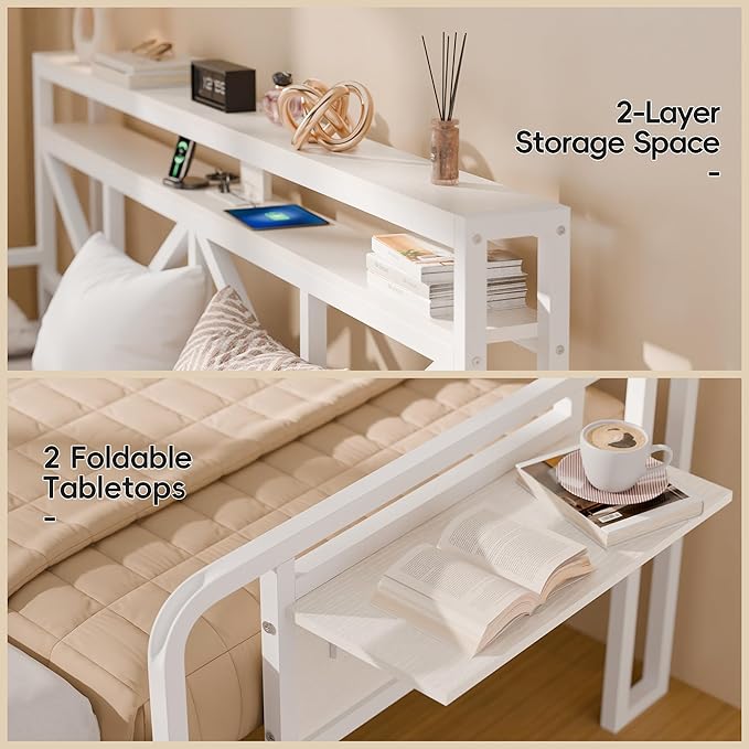 Daybed with Trundle, Heavy Duty Metal Twin Bed Frame with LED Lights & 2-Tier Storage Shelves, Sofa Day Bed with Charging Station & Tabletop for Living Room, Bedroom, Guest Room (White)