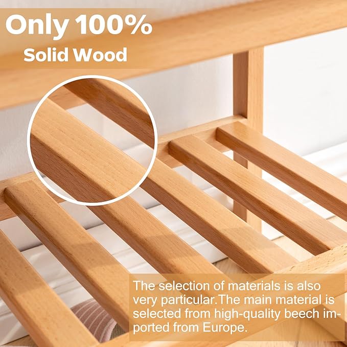 Solid Wood Shoe Bench, Shoe Rack Bench Assembled with Cushion for Entryway, Hallway, Bedroom, Living Room, Beech Wood, 11.8" x 23.6" x 16.5", Natural