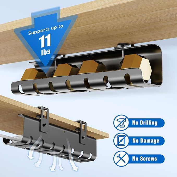 Under Desk Cable Management Tray No-Drill 2 Pack 16.9‘’ Wire Cord Organizers, Cable Management Under Desk for Home and Office No Damage Black