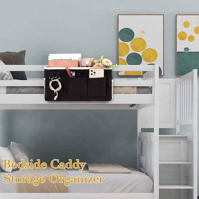 Ozzptuu Bedside Storage Caddy/Bedside Hanging Storage Bag for Headboards Bunk Beds Dorm Rooms Book Phone Magazine Holder (2PC Black)