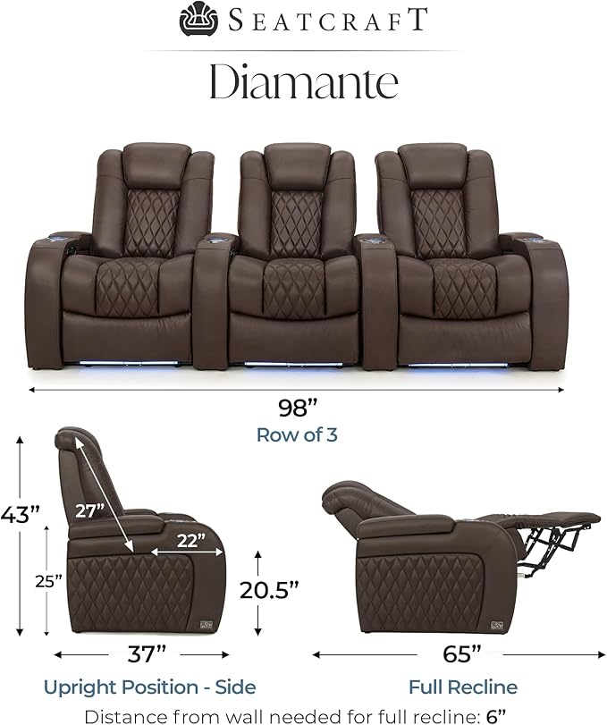 Seatcraft Diamante Zero-Gravity CoolZero Italian Leather Home Theater Seating, Power Headrest, Power Recline, Row of 3, Brown