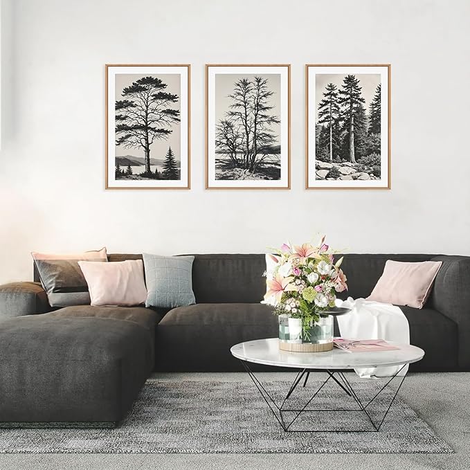 LHIUEM Large Vintage Sketch Tree Framed Wall Art Set,Antique Black and White Wall Decor,Nature Botanical Lake Artwork,Modern Wilderness Forest Art Prints for Living Room,Bedroom- 24"x36"x3