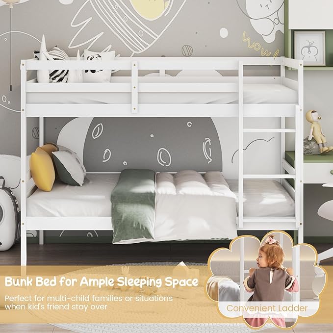 Giantex Bunk Bed Twin Over Twin White, Solid Wood Bunk Bed with Sturdy Ladder & 12 Inch Safety Guard Rails, Twin Size Wood Bed Frame for Dormitory, No Box Spring Needed, Bunk Beds for Kids Teens