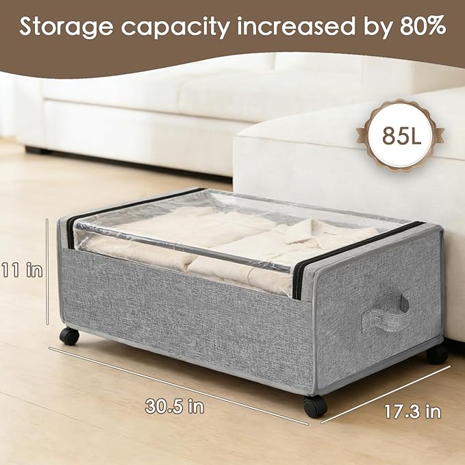 Under Bed Storage with Wheels, 2-Pack Under the Bed Storage Containers with Clear Lids & Label, Underbed Storage Bins, XXXL 85L 11 inches Rolling Metal Drawer for Clothes, Shoes, Toys, Books - Gray