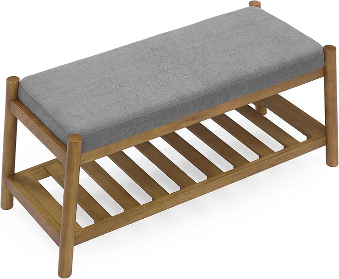 Upholstered Entryway Bench, Bedroom Bench for End of Bed, Dining Bench with Padded Seat for Kitchen, Living Room, Fabric Rubber Wood Indoor Bench (Grey)