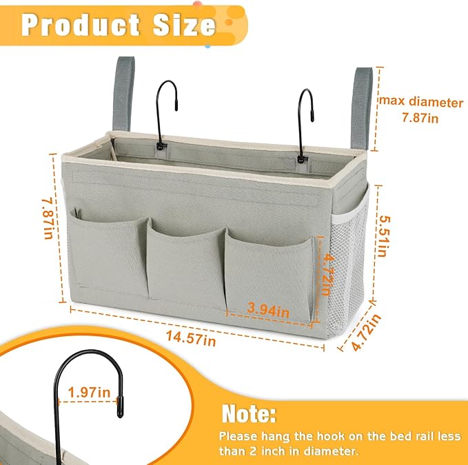 Lilithye Bedside Storage Organizer with Fixed Straps and Water Bottle Holder for Home, College, Dorm, Bunk / Hospital Bed, Crib Bed Rails (Grey)