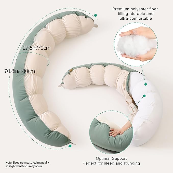 Peallow(Pat. Pend) – Long Round Body Pillow for Adults, Bolster Pillow for Sleeping, Soft and Supportive Pillow for Sleeping & Lumbar Support (Green-White, 59")