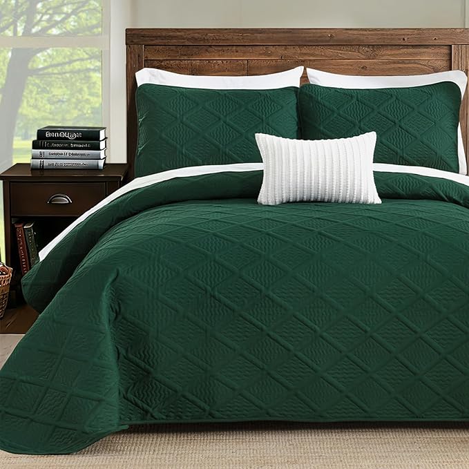 Yiran Twin Quilt Set, Emerald Green Lightweight Soft Bedspreads Bedding Set, Diamond Pattern Coverlet for All Season Modern Style 2 Piece with 1 Pillow Sham 68x90 Inch