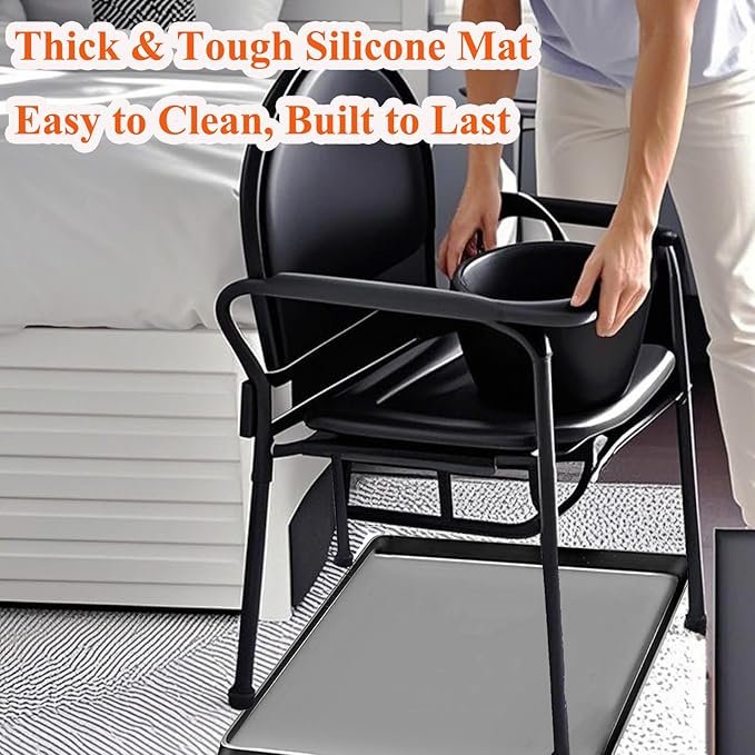 Bedside Commode Mat for Floor Protector - Silicone Bedside Toilet Mats for Seniors with Raised Edge Recyclable Non-Slip Commode Pad Under Portable Bedside Commode Adults Potty Chair (Gray, 24"X20")