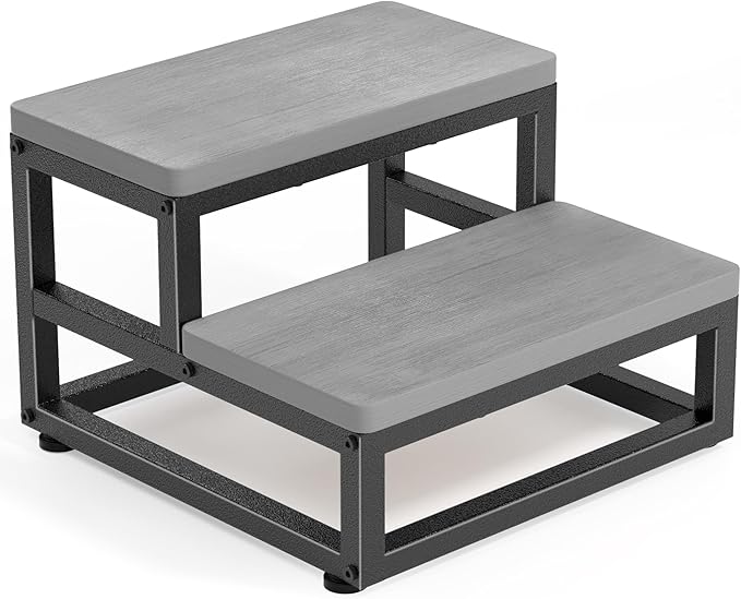 Y&M Two Step Stool for Adults Kids, Bed Step Foot Stool with Adjustable Non-Slip Feet, Portable Sturdy Metal Frame Stepping for Kitchen Bathroom Bedroom Living Room, Indoor or Outdoor Use, Grey