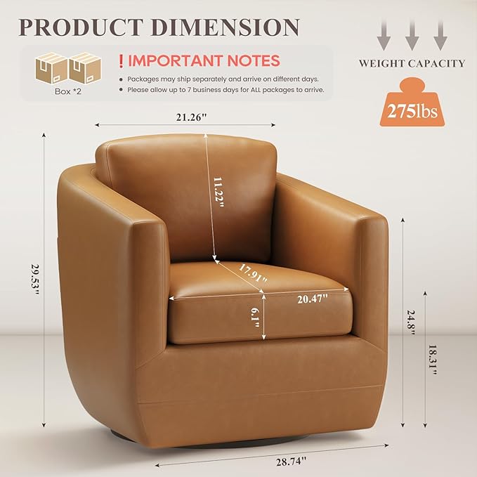 360° Swivel Accent Chair Set of 2 with Pillow - Comfy Living Room Armchair No-Sag Foam & Sturdy Metal Base, Fully Assembled Swivel Accent Single Sofa for Bedroom Living Room, Office, Brown