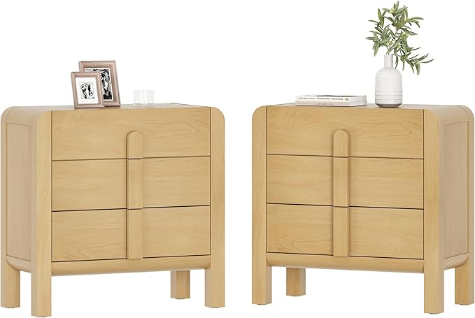 WAMPAT Modern 3-Drawer Nightstand Set of 2, 31.5" Tall Nightstand End Table w/Curved Profile Design,Wooden Bedroom Dresser with Large Chest of Drawers,Bed Side Table for Bedroom,Living Room, Oak