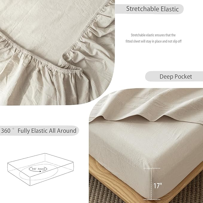 MooMee Fitted Bottom Sheet Only 100% Washed Cotton Linen Like Textured Breathable Durable Soft Comfy Deep Pocket Fits Mattress up to 17" (Tannish Linen Grey, California King)