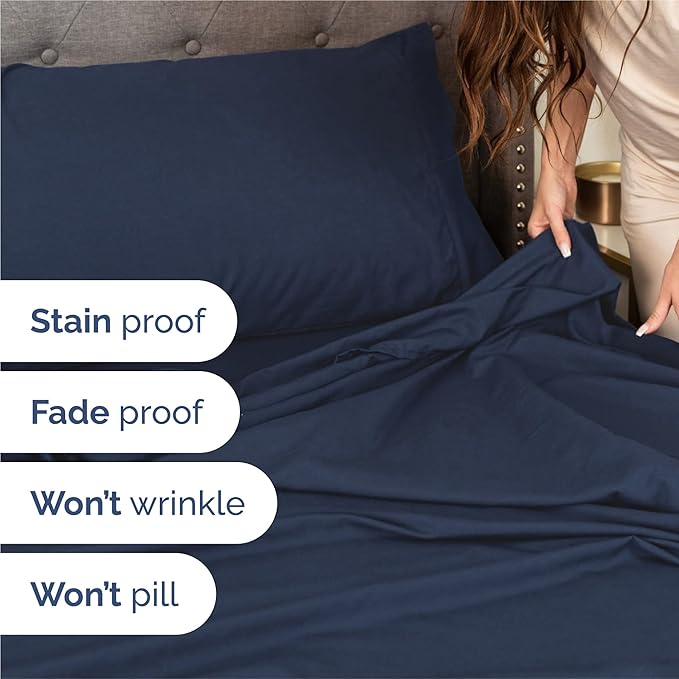 Split King 7 Piece Sheet Set - Cooling & Breathable - Hotel Luxury Bedding, Includes Fitted Sheets for Women, Men, Kids & Teens - 1 Flat, 2 Fitted Sheets, 4 Pillowcases with Deep Pockets - Navy Blue