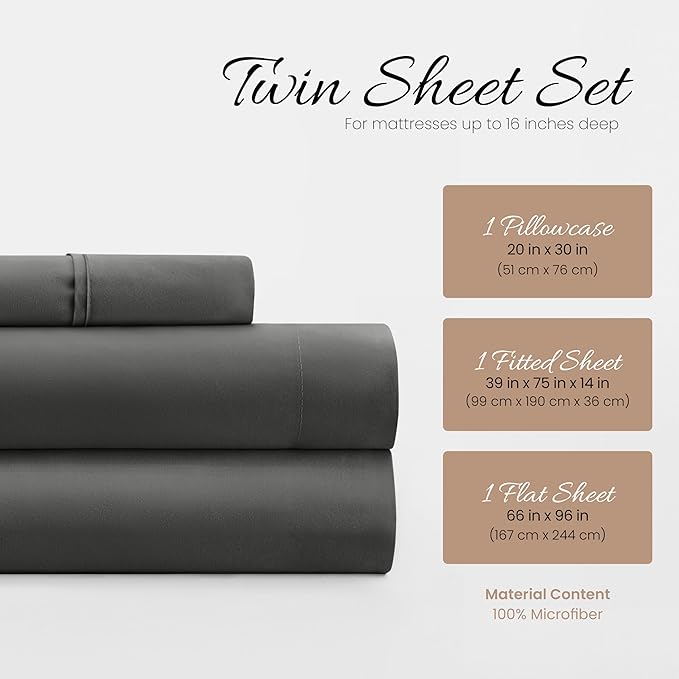 Linen Market Brushed Microfiber Twin XL Sheet Set 3 Piece – Oeko-TEX Certified Ultra Soft & Wrinkle-Free - 16" Deep Pocket Sheets - Easy Care Twin XL Size - Gray