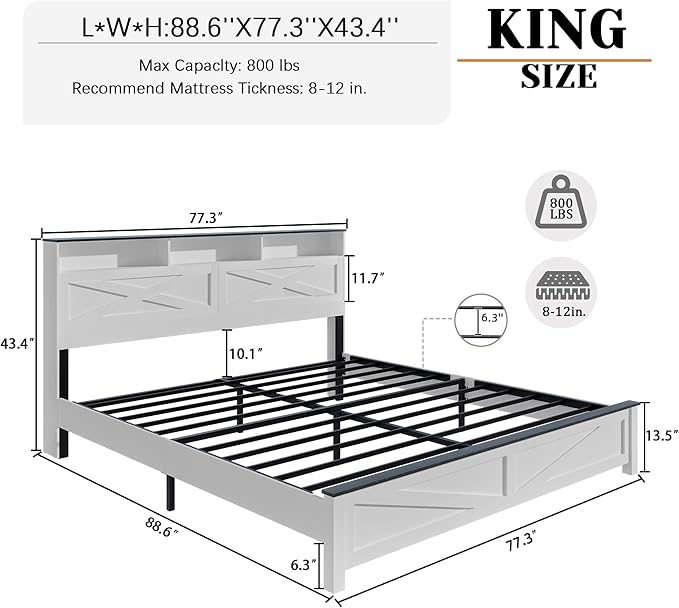 King Size Bed Frame with Wooden Storage Headboard, Farmhouse Platform Bedframe with LED Lights and Charging Station, Easy Assembly, No Box Spring Needed (White, King)