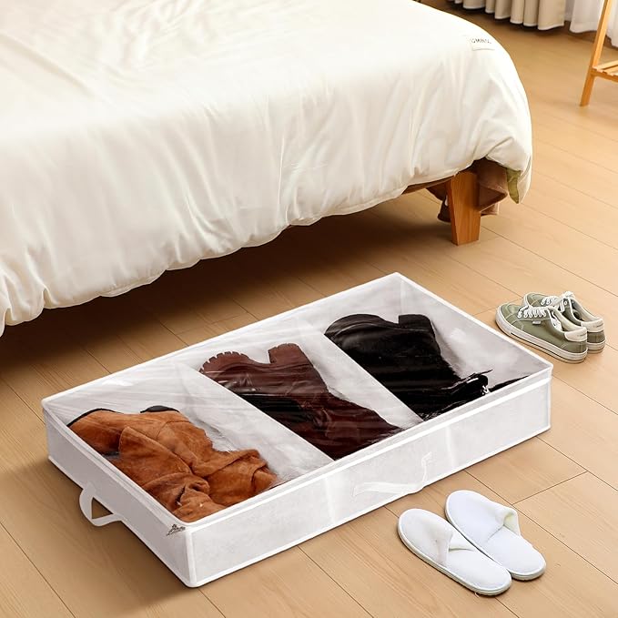 SATINIOR 3 Pcs 3 Section Under Bed Shoe Storage Boot Bag White Underbed Shoe Organizer with Large Clear Pockets Fabric for Storage Men's and Woman's Boots
