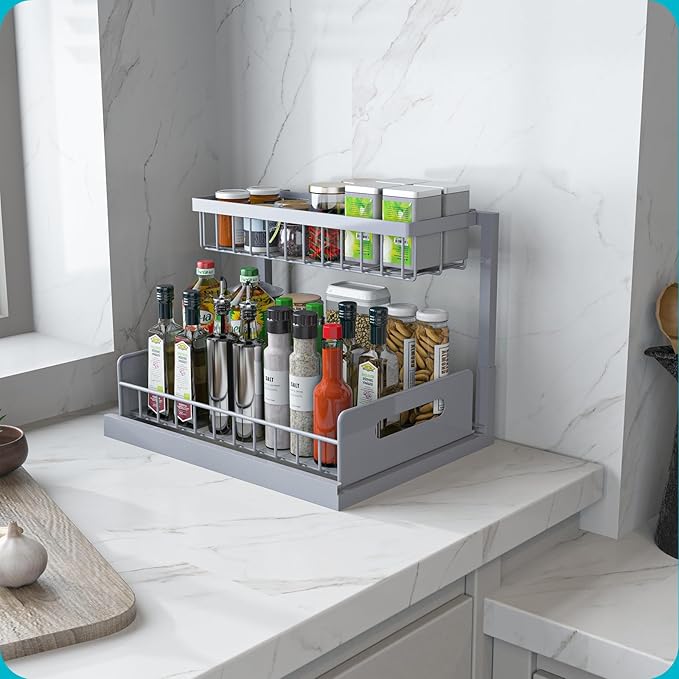 REALINN Under Sink Organizer, Pull Out Cabinet Organizer 2 Tier Slide Out Sink Shelf Cabinet Storage Shelves, Storage for Kitchen Bathroom, Grey, 1 Pack