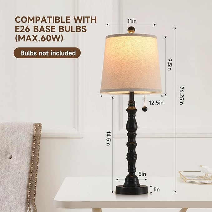 Terpsichore Lamps for Living Room Modern Farmhouse Table Lamp Bedside Reading Lamps Night Stands Bedroom Night Lamp,with Fabric Lamp Shade (Black (Single Pack), High 26.25 in)
