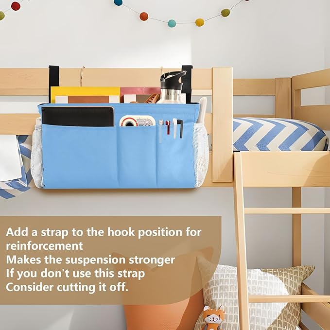 KOPIRIT Lake Blue Bedside Caddy Storage Bag Bedside Organizer for Dorm Room Top Bunk Bed Bedside Shelf Hanging Organizer 6 Pockets with Hooks for Glasses Book Tablet Holder