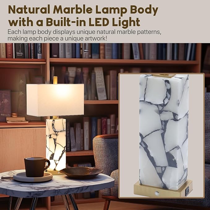 Natural Marble Table Lamps Set of 2: 3-Color Temperatures Alabaster Lamp with Nightlight, Bedside lamps with USB Ports, Bedroom Lamps for Night Stands End Table lamps for Living Room, Bulbs Included