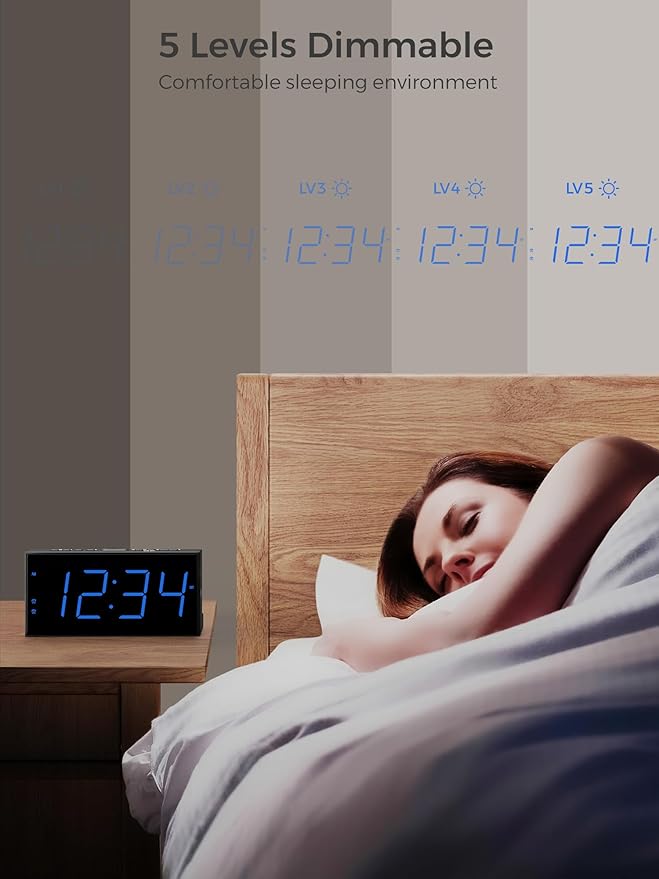 Digital Dual Alarm Clocks for Bedrooms, Large Big Numbers Display Electric Alarm Clock with Battery Backup, USB Port, Adjustable Alarm Volume, Dimmer, Easy to Set LED Desk Clock with Adapter Powered