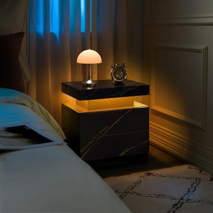 LED Bedside Table with 2 Drawers, Modern Nightstand Cabinet for Bedroom, End Side Table with Lights