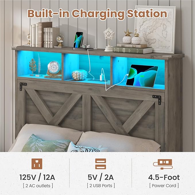 Hasuit Farmhouse Bed Frame Twin Size with Storage Headboard, Charging Station and LED Light, Wooden Twin Bed Frame with Storage Ottoman, Barn Door Design, No Box Spring Needed, No Noise (Oak Grey)