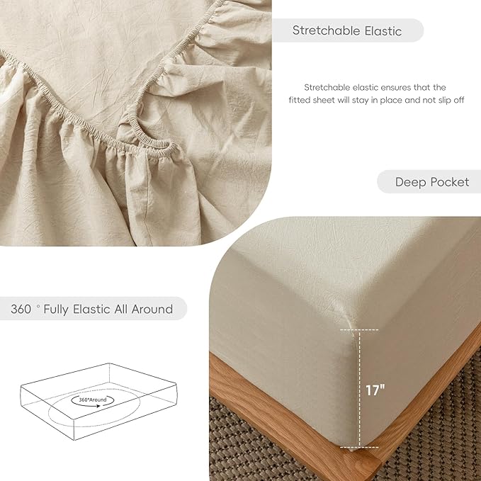 MooMee Fitted Bottom Sheet Only 100% Washed Cotton Linen Like Textured Breathable Durable Soft Comfy Deep Pocket Fits Mattress up to 17" (Almond Milk Grey, California King)