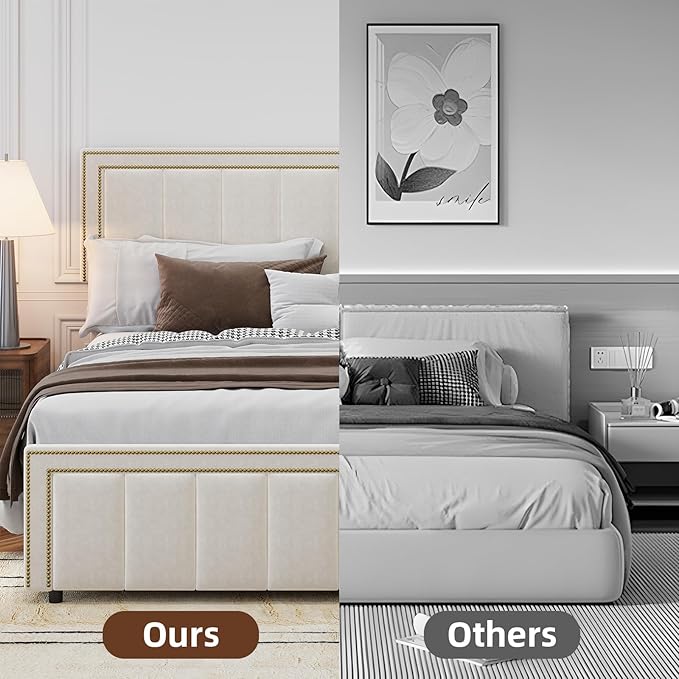 BarnFurin King Size Size Bed Frame with 50" Tall Headboard and Footboard, Chenille Upholstered Platform Bed, Vertical Channel Tufting with Nailhead Trim, No Box Spring Needed, Easy Assembly, Beige