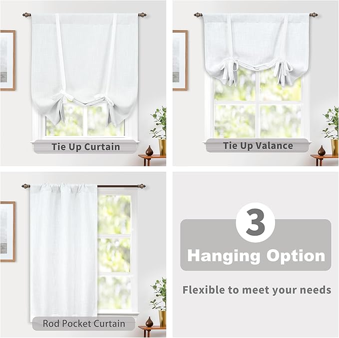 DriftAway Double Layer Linen Blackout Tie Up Curtains Thermal Insulated Fully Lined Balloon Roman Shade Bathroom Window Adjustable Rod Pocket for Small Window 31 Inch by 47 Inch White