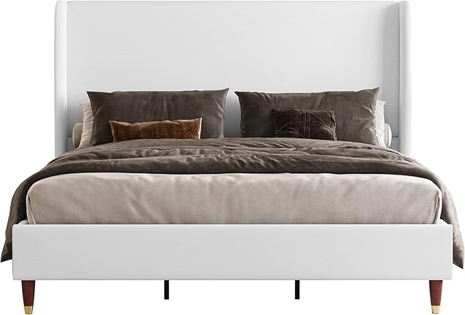 Jocisland Queen Upholstered Platform Bed Frame with 51.2" Tall Wingback Headboard–Solid Wood Legs, No Box Spring Needed, White Linen–Modern Style for Any Bedroom