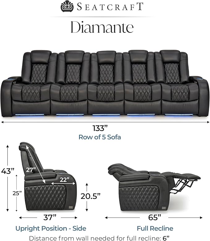 Seatcraft Diamante Zero-Gravity CoolZero Italian Leather Home Theater Seating, Power Headrest, Power Recline, Row of 5 Sofa, Black