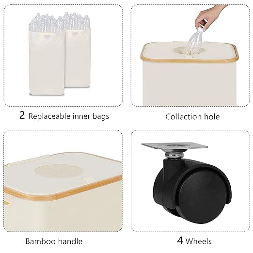 iEGrow Recycling Bin for Kitchen, Indoor Home Recycle Bins with Wheel, 29 Gallons Large Recycling bin with 2 Removeable Reusable Inner Bags, for Bottles Cans Glass Plastice Cartons(Beige)