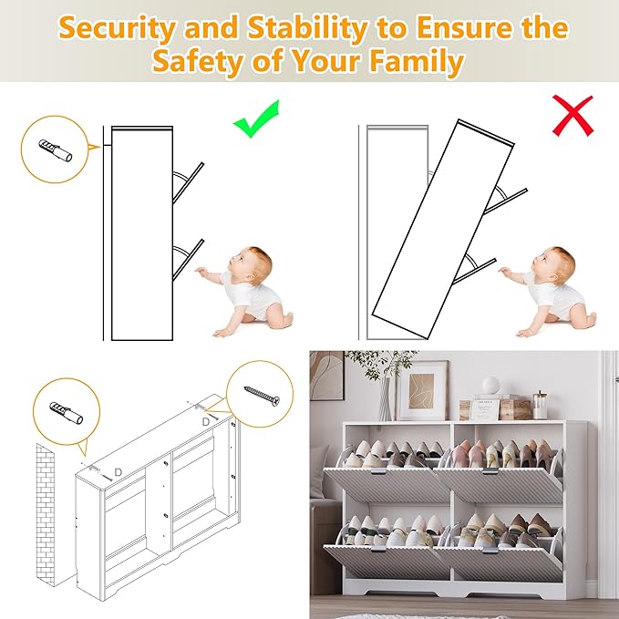 Large Shoe Cabinet for Entryway, Shoe Rack Cabinet with 4 Flip Drawer and Adjustable Shelves for Small Apartment, Foyer