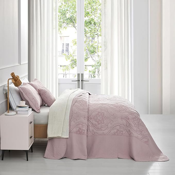 CHIXIN Bedspread Coverlet Set Queen Size - Lightweight Bedding Cover - Beautiful Stitching - 5 Piece Reversible Bedspread - Gorgeous Damask Paisley Pattern (Queen, Pale Rose)