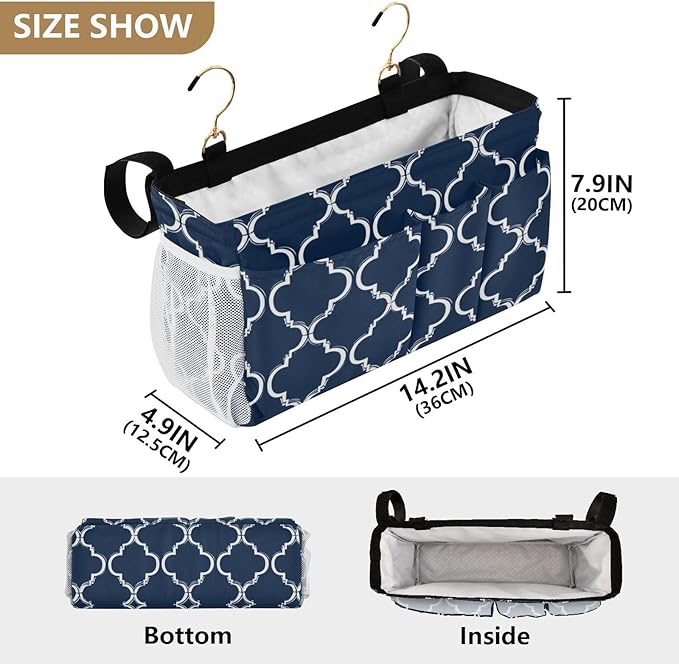 Bedside Caddy Hanging Bunk Bed Caddy Bed Organizer Hanging Pocket with 2 Hooks Bedside Storage Organizer Pocket Bag Holder Navy Blue Geometric Quatrefoil