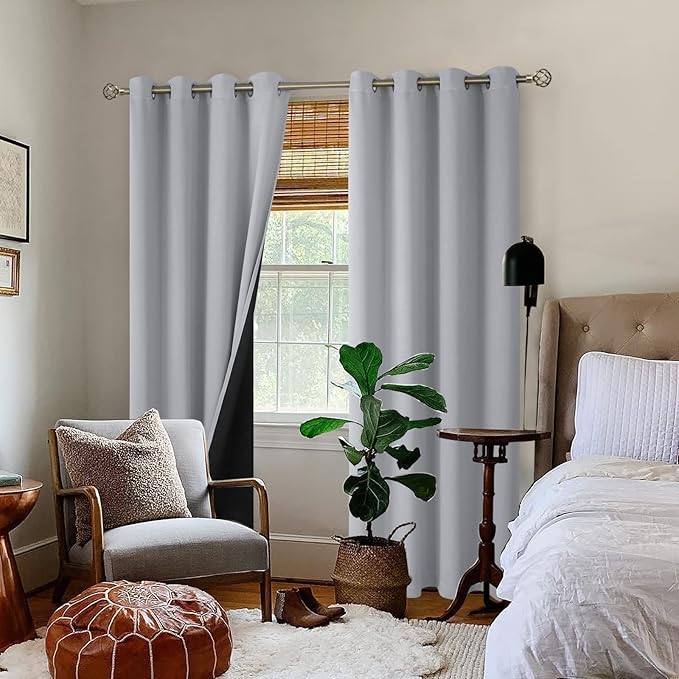 BGment Thermal Insulated 100% Blackout Curtains for Bedroom with Black Liner, Double Layer Full Room Darkening Noise Reducing Grommet Curtain (52 x 90 Inch, Light Grey, 2 Panels)