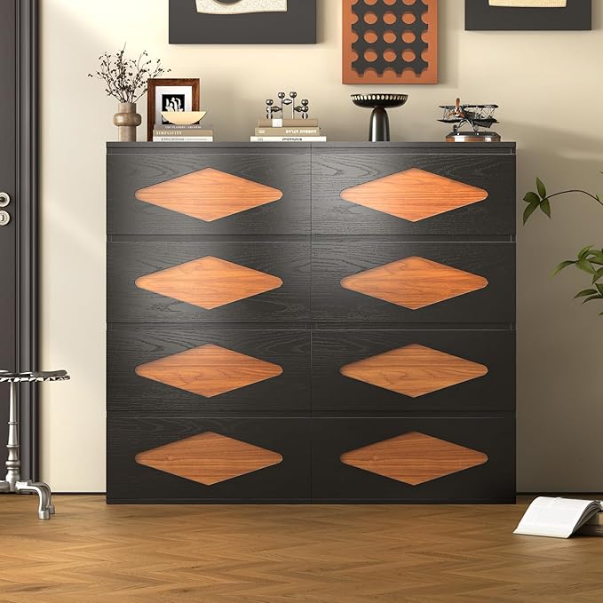 48.3'' Tall Dresser for Bedroom, 4 Chest of Wooden Deep Drawers, Vintage Dresser, Closet Storage Dressers Organizer for Bedroom, Living Room, Hallway (Black+Brown)
