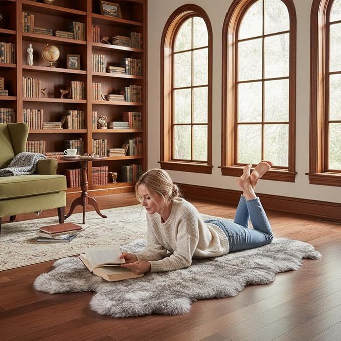 Super Area Rugs Premium Genuine Sheepskin Rug 4' x 6' Long Fur Soft & Natural Shaggy Living Room Rug, Wolf Tip Brown, Four Pelt