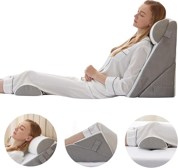 Bedluxe Adjustable 4pcs Bed Wedge Pillow Set, Memory Foam Wedge Pillows Post Surgery for Back, Neck, Leg Pain Relief, Pillow Wedge for Sleeping, Sitting up in Bed, Acid Reflux and GERD, White/Grey