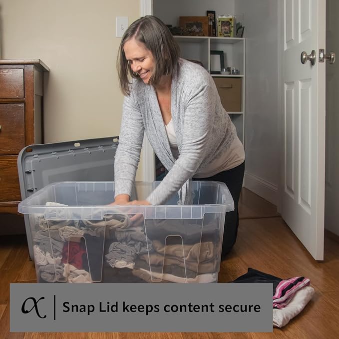 CX BLACK & YELLOW, 27-Gallon Heavy Duty Clear Storage Container & Snap-Tight Lid, Clear & Grey (14.3H x 20.6W x 30.6D), Weather-Resistant, Stackable, See-Through Organization Tote [4 Pack]
