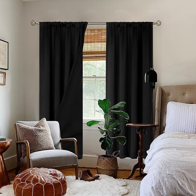 BGment 100% Blackout Curtains for Bedroom with Black Liner, Double Layer Full Room Darkening Thermal Insulated and Noise Reducing Rod Pocket Curtain (42 x 72 Inch, Black, 2 Panels)