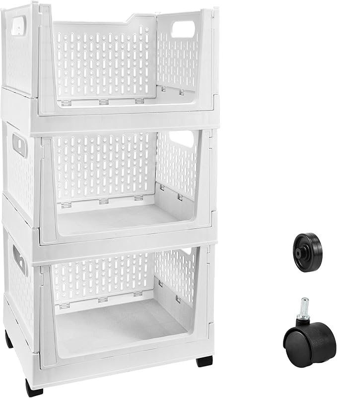 Stackable Plastic Storage Basket, 3 Pack Foldable Closet Organizers and Storage Bins with Wheels, Collapsible Drawer Shelf Storage Box Container for Office Bedroom Closet Wardrobe Kitchen Bathroom
