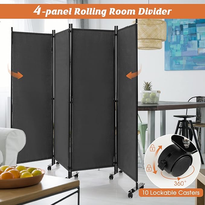 GOFLAME 4 Panel Folding Room Divider, 6FT Rolling Privacy Screen with Lockable Wheels, Portable Room Partition Screen, Freestanding Wall Divider and Separator for Home Office, Grey