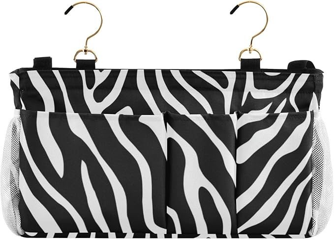 Bedside Caddy Hanging Bunk Bed Caddy Bed Organizer Hanging Pocket with 2 Hooks Bedside Storage Organizer Pocket Bag Holder White Black Zebra Print