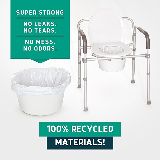 Lunderg Recycled Commode Liners - 100 Environment Friendly Portable Toilet Bags - Medical Grade Bedside Commode Liners Disposable - Universal Fit & Easy to Use - Absorbent Pads Not Included