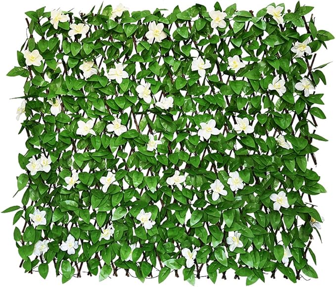 Sumery Expandable Fence Privacy Screen for Balcony Patio Outdoor,Decorative Faux Ivy Fencing Panel,Artificial Hedges (Single Sided Leaves) (2, White Flowers)